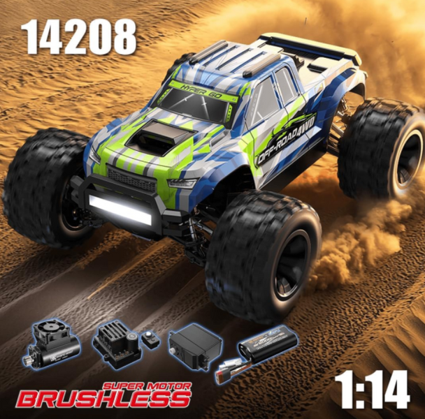 Радиоуправляемая машинка MJX 14208 1:14 4WD до 50 км/ч, бесщеточный RC внедорожник, металлическая подвеска, аккумулятор 85545454 фото