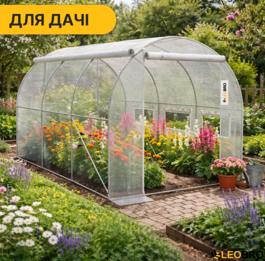 Теплиця LEOBRO MultiDoor 6м&sup2; (3х2м) &mdash; сталевий каркас. Наскрізний прохід, біла армована плівка: Захист від опіків та вітростійкість LB-G111-WHT фото