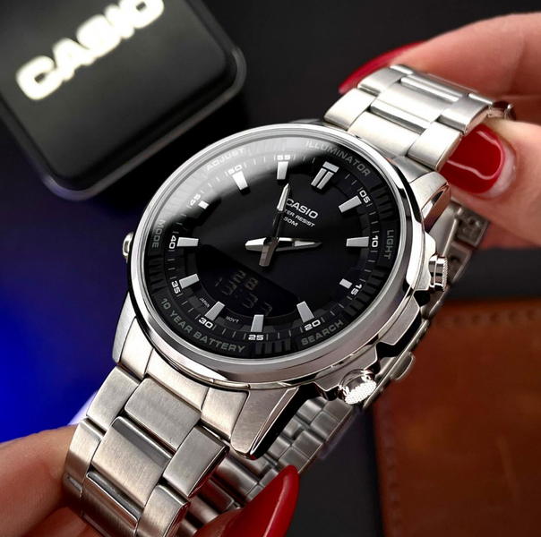 Стильний чоловічий годинник Casio AMW-880D-1A. Із електронно-стрілковим циферблатом, сріблястим браслетом, кварцовим механізмом та LED підсвіткою. AMW0221 фото