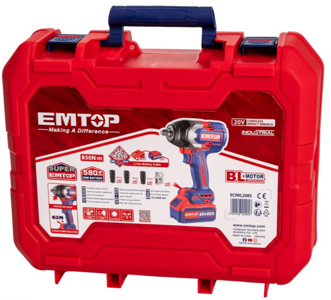 Аккумуляторный ударный гайковерт EMTOP ECIWL2085 20 В, 1000 Нм, 1/2", 2&times;4 Ач, бесщеточный ECIWL2085 фото