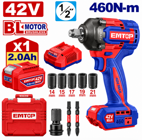 Акумуляторний ударний гайковерт EMTOP ECIWL42461 42 В, 600 Нм, 1/2", 2 А&middot;год, безщітковий ECIWL42461 фото
