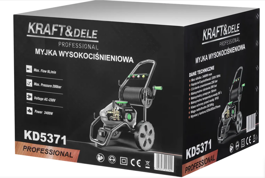 Мощная мойка высокого давления 3400 Вт, до 9 л/мин, 280 бар Kraft&Dele KD5371 металлический корпус, индукционный двигатель, мойка для тяжелой техники и профессионального использования KD5371 фото
