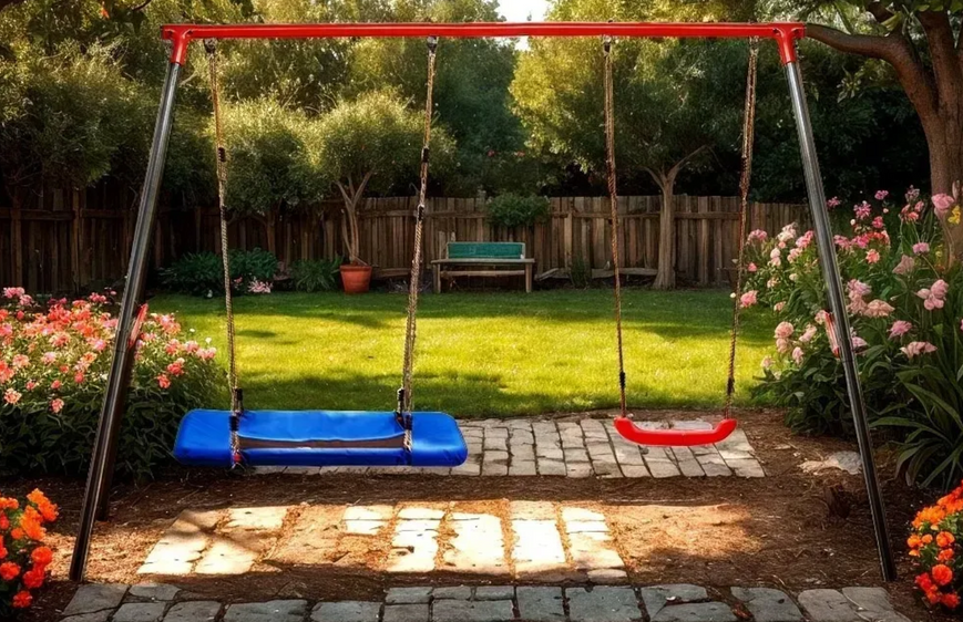 Гойдалка дитяча  Garden Line KRE111 для вулиці, 100 кг, подвійна, сталева 290х180х200 см+ гніздо лелеки  KRE1111 фото