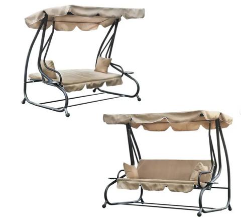 Гойдалка садова 2в1 з навісом та підстаканниками 210x120x170 см GardenLine KRE0759, 260кг. сталь, водонепроникна бежева тканина. Качеля 3-місна для дачі та двору KRE0759 фото