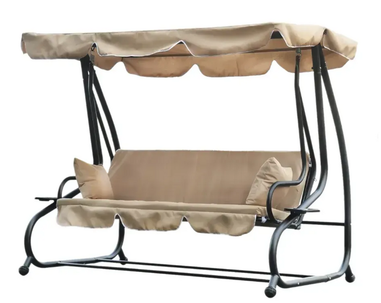 Качели садовые 2в1 с навесом и подстаканниками 210x120x170 см GardenLine KRE0759, 260кг. сталь, водонепроницаемая бежевая ткань. Качеля 3-местная для дачи и двора KRE0759 фото