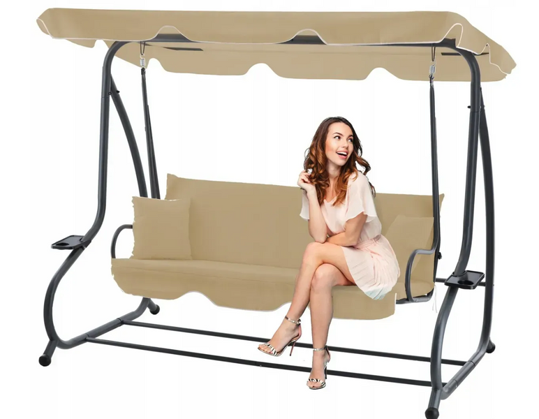 Качели садовые 2в1 с навесом и подстаканниками 210x120x170 см GardenLine KRE0759, 260кг. сталь, водонепроницаемая бежевая ткань. Качеля 3-местная для дачи и двора KRE0759 фото