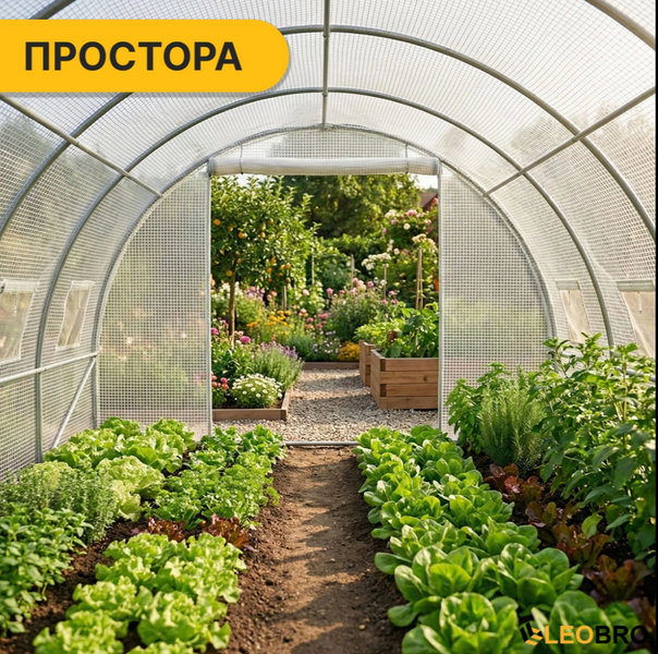 Теплиця LEOBRO Garden 18м&sup2; White MultiDoor (6х3м) &mdash; сталевий каркас. Наскрізний прохід, посилена армована плівка: ІДЕАЛЬНЕ ПРОВІТРЮВАННЯ! LB-G114-WHT фото