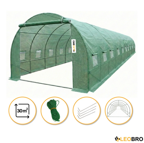 Посилена теплиця LEOBRO 30м&sup2; Green &mdash; СТАЛЕВИЙ КАРКАС. Армована плівка UV-4: Вистоїть у буревій! Захист від граду та комах LB-G126-GRN фото