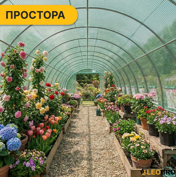 Теплица LEOBRO Garden 36м&sup2; Green (12х3м) &mdash; Армированная Броня. Выстоит в бурю! Устойчива к граду, ветру и вредителям LB-G128-GRN фото